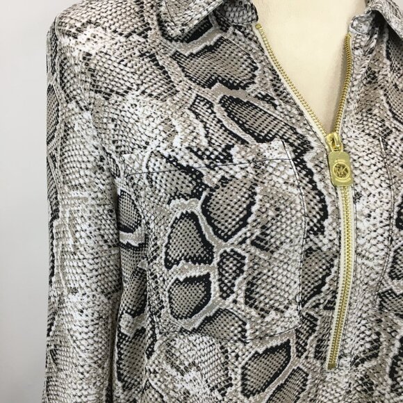 MICHAEL KORS Taupe Black White Snake Print Logo Zip Blouse Shirt - Picture 6 of 11